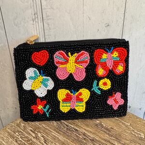 Beaded Coin Purse Black Wallet Cute Butterflies Butterfly Pouch New!  FAST SHIP